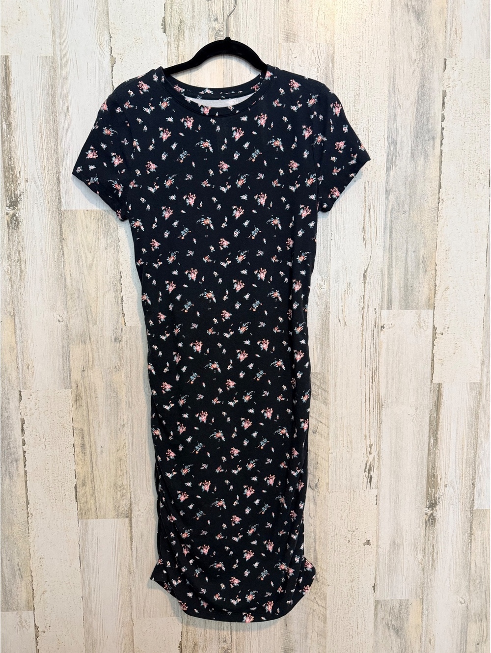 SO Maternity Womens L Black Floral Ditsy Ruched T-Shirt Dress Bump Friendly